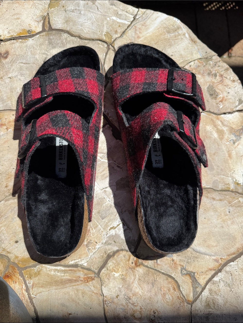 Birkenstock Red and Black Plaid Shearling Arizona Sandals - Like New